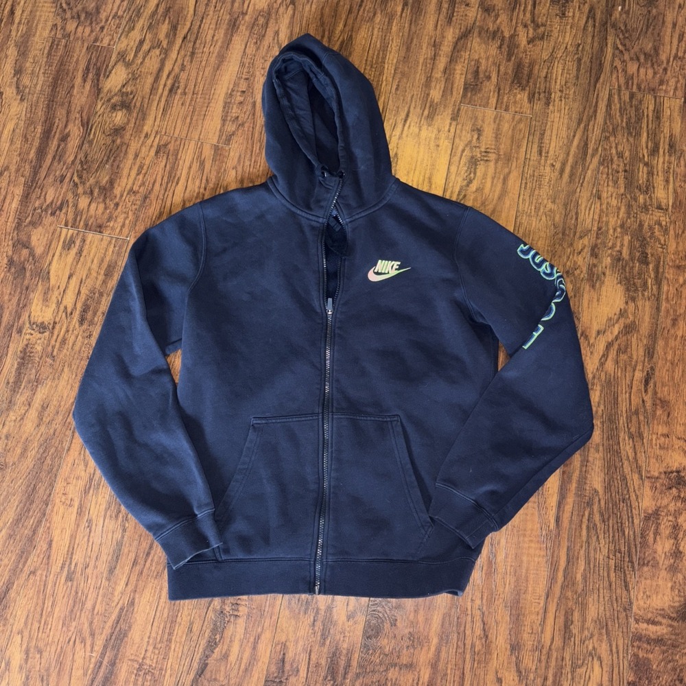 VINTAGE 80s Nike Hoodie Mens Medium Gray BLUE Tag Full Zip Blue/neon Green